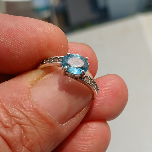 Blue Zircon Ring, Handmade silver ring, Gemstone Ring, Sterling Silver Ring, Solitaire Ring with oval Cut Blue Zircon and 10 CZ - Size 7.5