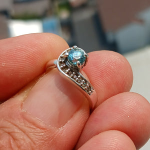 Blue Zircon Ring, Handmade silver ring, Gemstone Ring, Sterling Silver Ring, Solitaire Ring with round Cut Blue Zircon and 11 CZ - Size 4.5