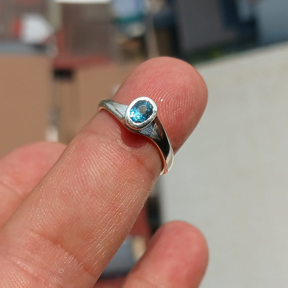 Natural Blue Zircon Ring, Sterling Silver Ring, Blue Gem Ring, Solitaire Ring, Oval Blue Zircon, Gift for Her, Unique Design - Size 4.5