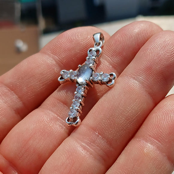 Moonstone Crucifix, Sterling Silver Pendant, Cross Amulet, Amulet Pendant, oval Ceylon Moonstone, 10 CZ, gift for her, moonstone necklace