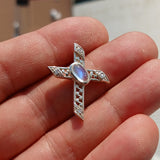 Moonstone Crucifix, Sterling Silver Pendant, Cross Amulet, Moonstone Pendant, Ceylon Moonstone, 4 CZ, gift for her, moonstone necklace