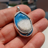 Druzy Agate Pendant, Sterling Silver Amulet, Artwork Pendant blue Druzy Agate Cabochon, Gift for Her, Blue and White Agate, Silver Pendant