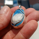 Druzy Agate Pendant, Sterling Silver Amulet, Artwork Pendant blue Druzy Agate Cabochon, Gift for Her, Blue and White Agate, Silver Pendant