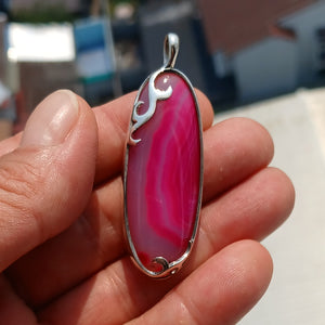 Pink Agate Silver Pendant, Long oval shaped Pendant, Sterling Silver Pendant, floral Artwork Pendant with pink Agate cabochon, Gift for Her