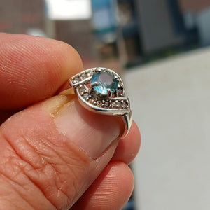 Blue Zircon Ring, Handmade silver ring, Gemstone Ring, Sterling Silver Ring, Solitaire Ring with round Cut Blue Zircon and 16 CZ - Size 7