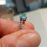 Blue Zircon Ring, Handmade silver ring, Gemstone Ring, Sterling Silver Ring, Solitaire Ring with oval Cut Blue Zircon and 10 CZ - Size 7.5