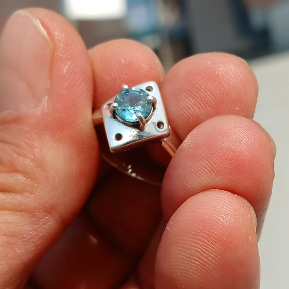 Natural Blue Zircon Ring, Sterling Silver Ring, Diamond shaped Ring, Sterling Silver Solitaire Ring with round Cut Blue Zircon - Size 5.5