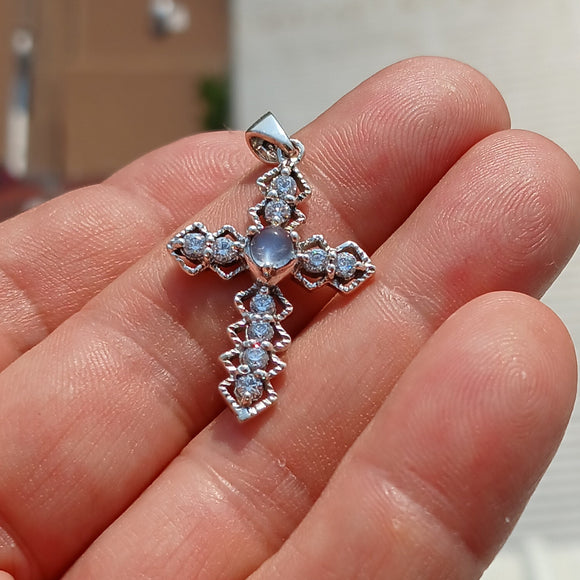 Moonstone Crucifix, Sterling Silver Pendant, Cross Amulet, Amulet Pendant, round Ceylon Moonstone, 10 CZ, gift for her, moonstone necklace