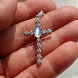 Moonstone Crucifix, Sterling Silver Pendant, Cross Amulet, Moonstone Pendant, Ceylon Moonstone, 11 CZ, gift for her, moonstone necklace