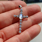 Moonstone Crucifix, Sterling Silver Pendant, Cross Amulet, Moonstone Pendant, Ceylon Moonstone, 11 CZ, gift for her, moonstone necklace