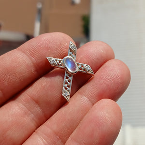 Moonstone Crucifix, Sterling Silver Pendant, Cross Amulet, Moonstone Pendant, Ceylon Moonstone, 4 CZ, gift for her, moonstone necklace