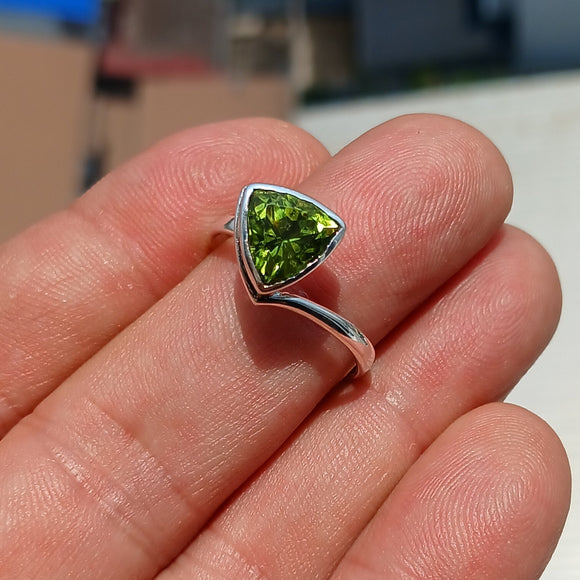 Peridot Ring, Sterling Silver Ring, Solitaire Ring, Trillion Cut, Green Peridot, Triangle shape, handmade silver ring, gift for her - size 9