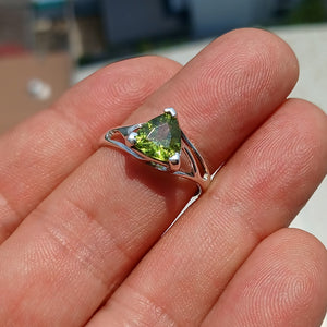 Peridot Ring, Sterling Silver Ring, Solitaire Ring, Trillion Cut, Green Peridot, Triangle shape, simple silver ring, gift for her - size 8.5