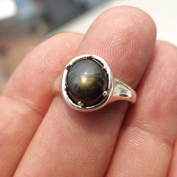 Black Sapphire Ring, Sterling Silver Ring, Sapphire Silver Ring, Black Star Sapphire Ring, Gift for Her, 6 Rays Star Sapphire - size 7.25