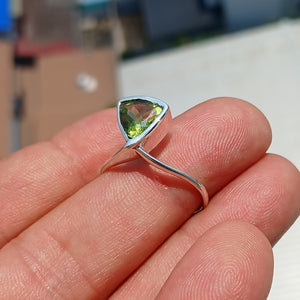 Peridot Ring, Sterling Silver Ring, Solitaire Ring, Trillion Cut, Green Peridot, Triangle shape, unique silver ring, gift for her - size 9.5