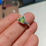 Minimalist Peridot Ring, Sterling Silver Ring, Solitaire Ring, Green Peridot, Triangle shape, unique silver ring, gift for her - size 8.25