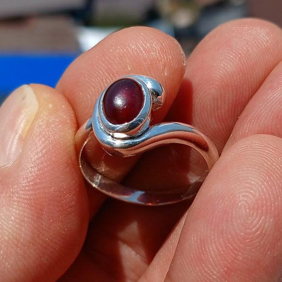 Red Garnet Ring, Sterling Silver Ring, Solitaire Ring with red Garnet Cabochon, handmade silver ring, unique design, gift for her - Size 10