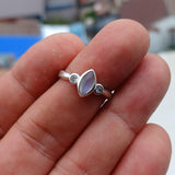 Moonstone Ring, Moonstone Silver Ring, Sterling Silver ring, Solitaire Ring, marquise shaped Ceylon Moonstone and 2 CZ, gift for Her - 6.5