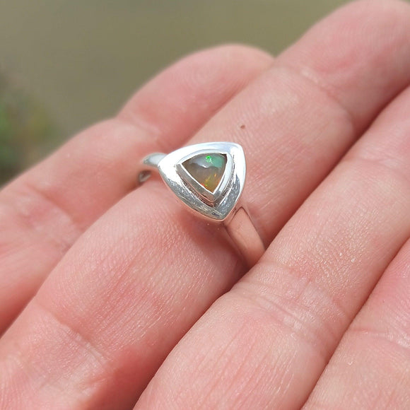 Opal Ring, Sterling Silver Ring, Solitaire Ring, Triangle shaped Opal, handmade Opal Ring, unique jewelry design, gift for her - Size 10