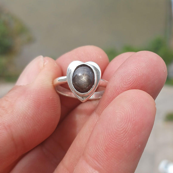 Black Star Sapphire Ring, Sterling Silver Ring, Heart shaped Ring, Black Sapphire Ring, Gift, Unique Design, Star Sapphire Ring - size 7