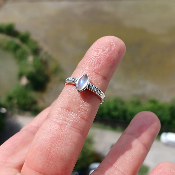 Moonstone Ring, Moonstone Silver Ring, Sterling Silver ring, Solitaire Ring, marquise shaped Ceylon Moonstone and 8 CZ, gift for Her - 7.75