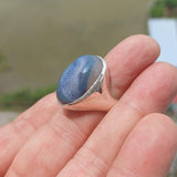 Agate Ring, Sterling Silver Ring, oval shaped blue Agate Cabochon, handmade silver ring, unique design, oval Ring, gift for her - Size 7.5