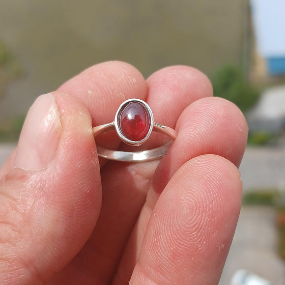 Red Garnet Ring, Sterling Silver Ring, Solitaire Ring with red Garnet Cabochon, handmade silver ring, minimalist design, gift for her Size 7