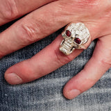 Excellent crafted Men's 1% Flaming Skull Outlaw Ring CZ Eyes - Sterling Silver - BikeRing4u