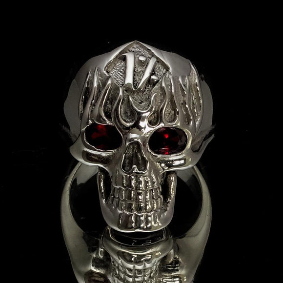 Excellent crafted Men's 1% Flaming Skull Outlaw Ring CZ Eyes - Sterling Silver - BikeRing4u