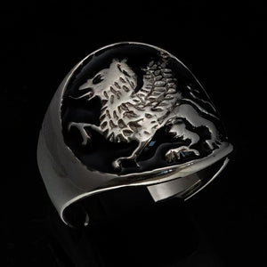 Excellent crafted Men's winged Lion Griffin Ring Black - Sterling Silver - BikeRing4u