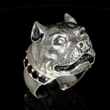 Excellent crafted Men's Ring Pitbull with Garnet Collar - Sterling Silver - BikeRing4u