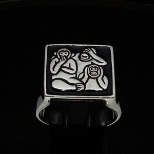 Excellent crafted Men's black 3 Monkeys Ring - Sterling Silver - BikeRing4u