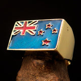 Excellent crafted rectangle shaped Men's New Zealand Flag Ring - Solid Brass - BikeRing4u