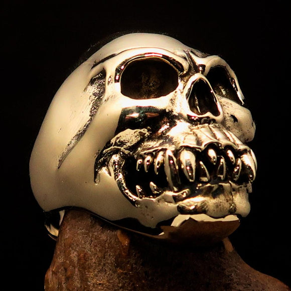 Excellent crafted Men's Zombie Fang Skull Ring - Antiqued Brass - BikeRing4u
