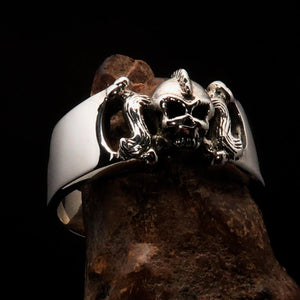 Excellent crafted Pony Tail Girly Skull Ring - antiqued Sterling Silver - BikeRing4u