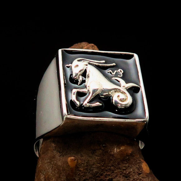 Excellent crafted Men's Zodiac Ring Star Sign Capricorn Black Sterling Silver 925 - BikeRing4u