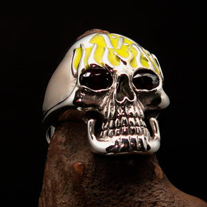 Excellent crafted Men's yellow 1% Flaming Skull Outlaw Ring red CZ Eyes - Sterling Silver - BikeRing4u