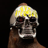 Excellent crafted Men's yellow 1% Flaming Skull Outlaw Ring red CZ Eyes - Sterling Silver - BikeRing4u