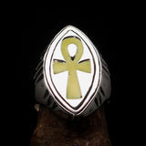 Yellow marquise shaped Egyptian Ankh Cross Men's Ring - Sterling Silver - BikeRing4u