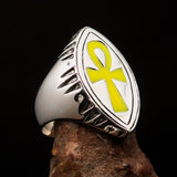 Yellow marquise shaped Egyptian Ankh Cross Men's Ring - Sterling Silver - BikeRing4u