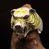 Excellent crafted Men's Predator Ring Tiger red CZ Eyes and yellow Stripes - Sterling Silver - BikeRing4u