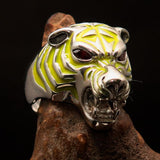 Excellent crafted Men's Predator Ring Tiger red CZ Eyes and yellow Stripes - Sterling Silver - BikeRing4u