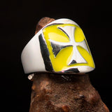 Excellent crafted Men's yellow Iron Cross Biker Ring - Sterling Silver - BikeRing4u