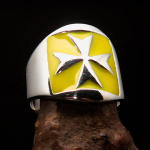 Excellent crafted Men's yellow Maltese Cross Biker Ring - Sterling Silver - BikeRing4u