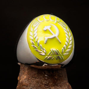 Perfectly crafted Men's Communist Ring yellow Hammer Sickle Crest CCCP - Sterling Silver - BikeRing4u