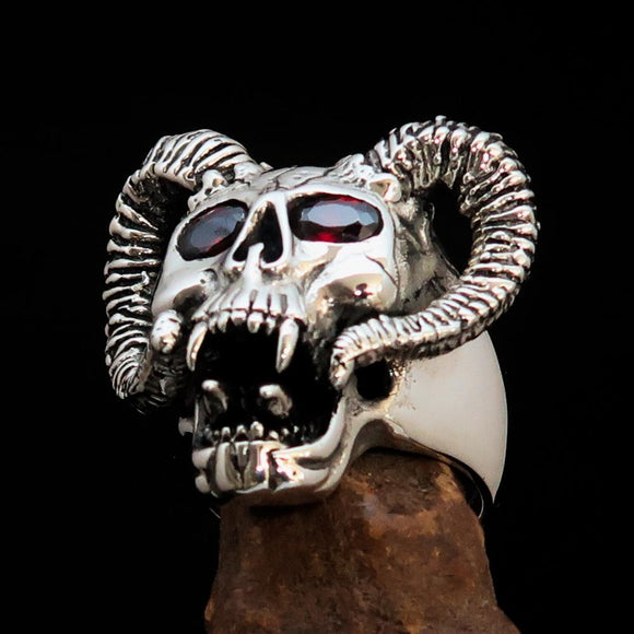 Excellent crafted Men's Biker Ring Devils Ram Skull red CZ Eyes Sterling Silver 925 - BikeRing4u