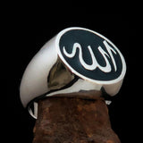 Excellent crafted Men's Muslim Ring Green Allah Symbol - Sterling Silver - BikeRing4u