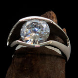 Smoothly crafted Sterling Silver Men's Solitaire Ring White Cubic Zirconia CZ - BikeRing4u