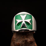 Excellent crafted Men's green Maltese Cross Biker Ring - Sterling Silver - BikeRing4u
