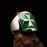 Excellent crafted Men's green Maltese Cross Biker Ring - Sterling Silver - BikeRing4u